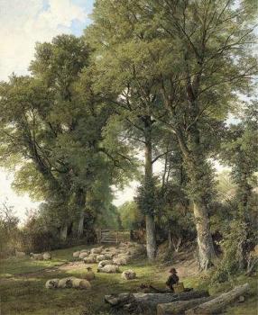 Sheep resting in a woodland glade, a traveller looking on